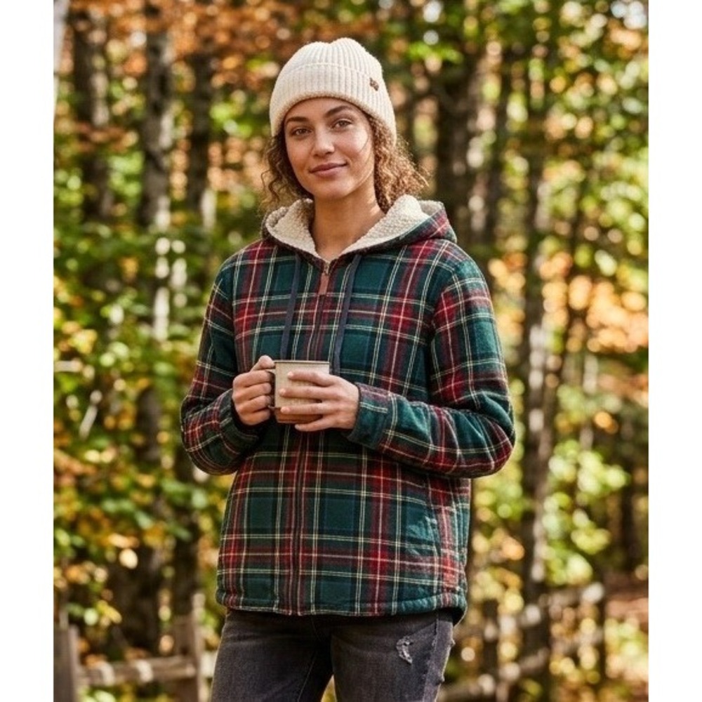 LL Bean Relaxed Fit Sherpa Lined Flannel Hoodie Plaid Full Zip Women's Large Reg